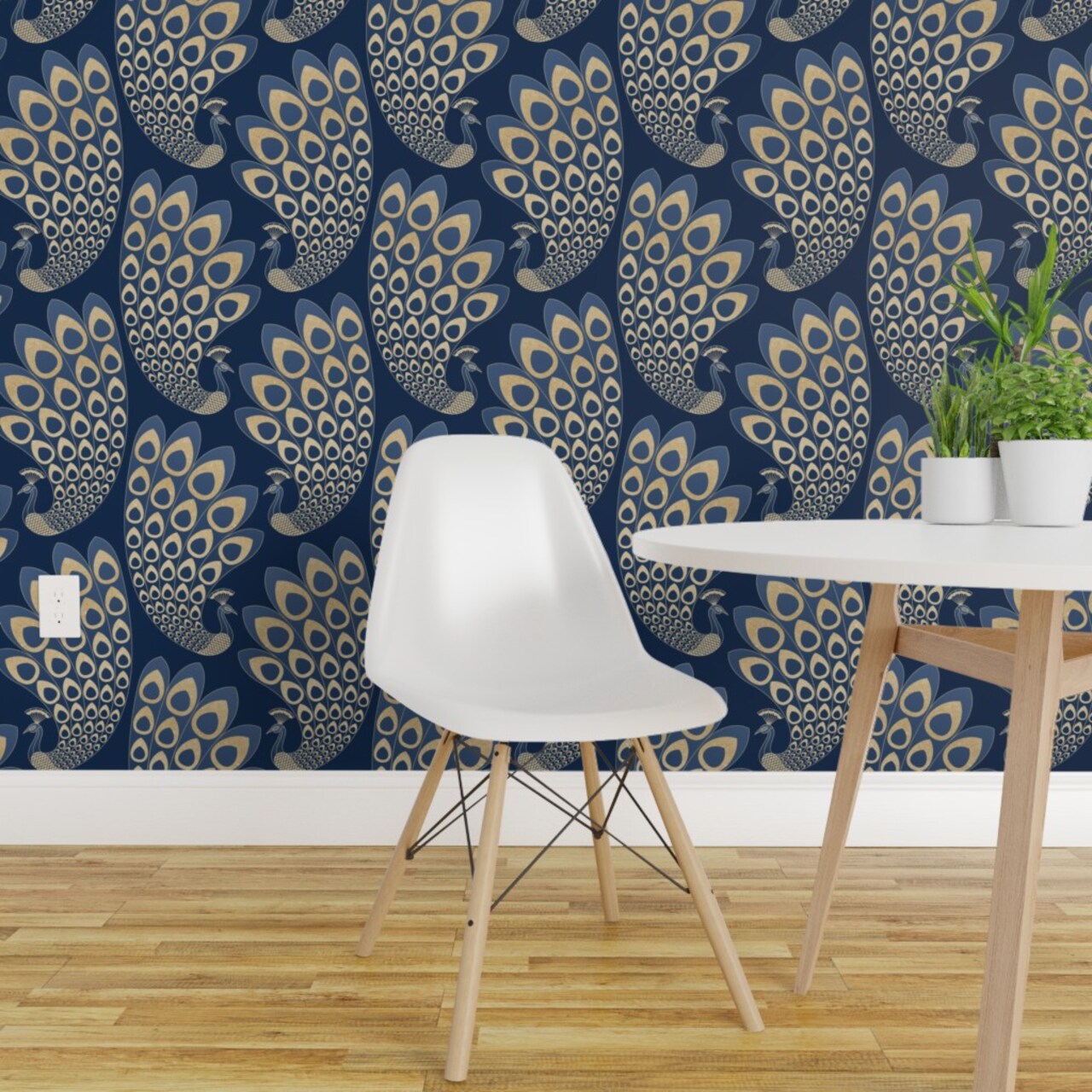 Pre-Pasted Wallpaper 2FT Wide Blue Art Deco Peacock Nouveau Feathers 1920S Glamor Custom Pre-pasted Wallpaper by Spoonflower